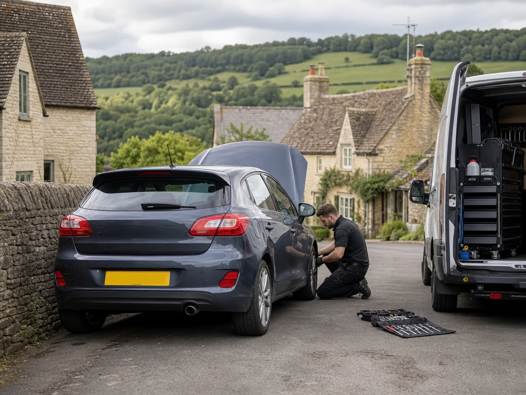 Photorealistic UK mobile mechanic working beside a car in a Cotswold village